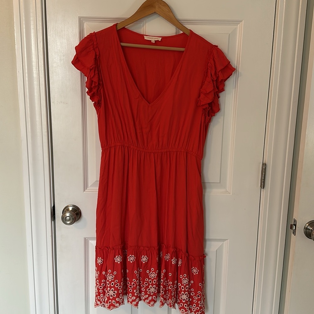 Red VNeck, Flutter Cap Sleeve Dress with Cream Floral Hem
